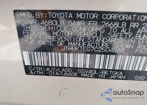 2012 Lexus Es 350 из США, поврежденный, VIN JTHBK1EG7C2504888